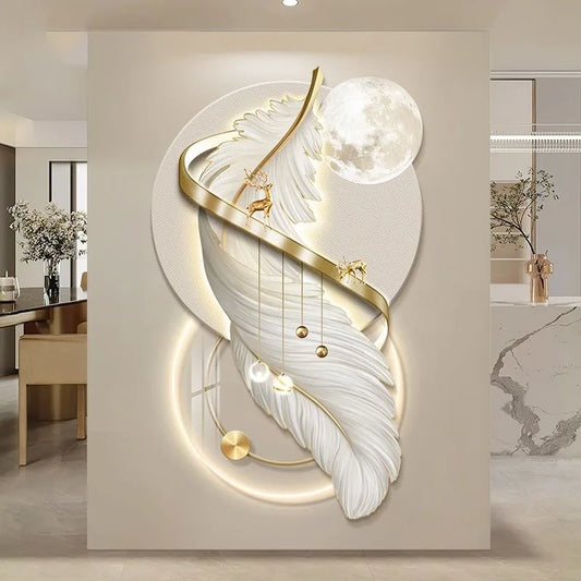 HOT SALE (Few Units Left) Villa Home Living Room 100 X 62cm Modern Light Luxury Entrance Porch Decorative Painting Living Room Corridor with Led Lights Feather Home Luxury Lighting Supplies