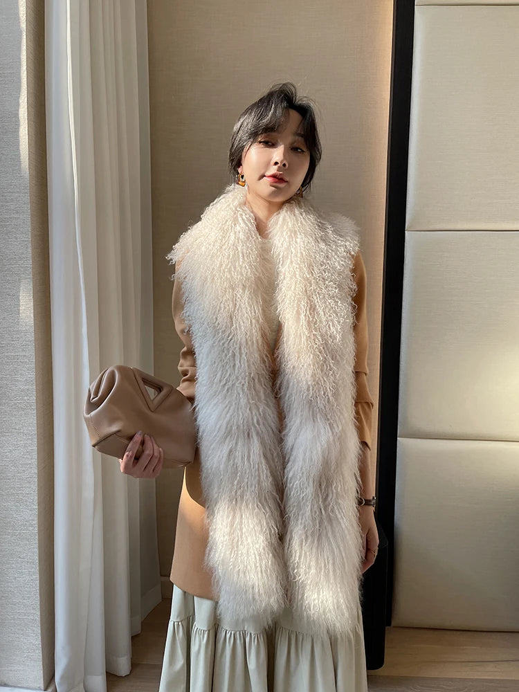 175cm Long 4 Colors Top Quality Mongolian and Tibet 100% Natural Sheep Fur 175cm Big Shaggy Scarf Double-Sided Long Thickened Winter Whole Skin Real  Fur Collar Evening Business Party Prom Ladies Luxury Apparel Accessories.