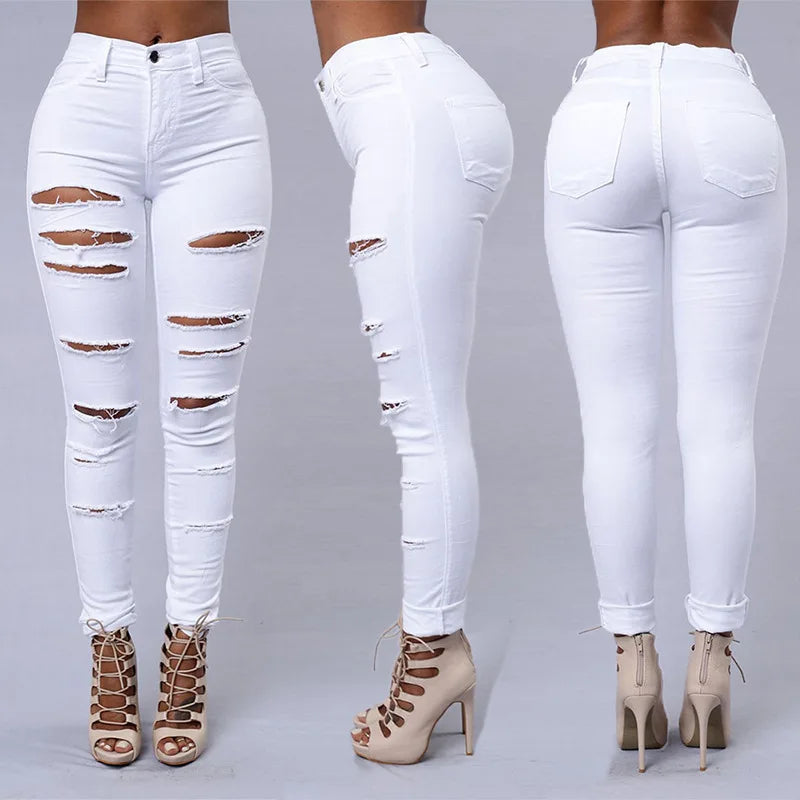 Hot Sale S-2XL Plus Size Black and White Color Ripped jeans for Women Sexy Skinny Denim Jeans Fashion Streetwear Casual Pencil Pants Girls  Spring and Summer Clothing