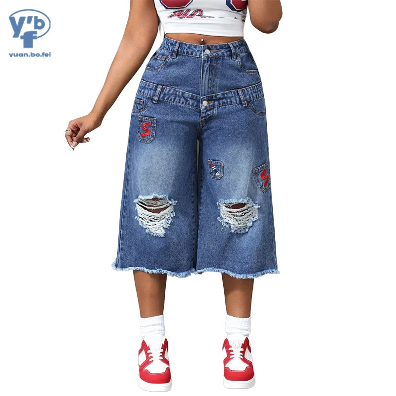 NEW Arrivals All Seasons Baggy Blue Jeans Vintage Washed  Embroidered & Ripped Denim Women's Cropped Wide-Leg Jeans Streetwear Y2K Clothes Female Casual Clothing Supplies