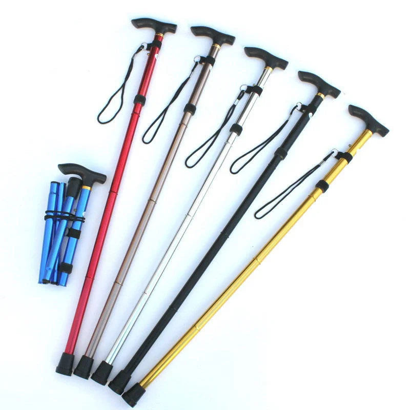 3 Colors Foldable Aluminum Alloy Walking Stick Plastic Handle Portable Trekking Poles Non-Slip Lightweight Telescopic 250 Lb Capacity Disability Tools
