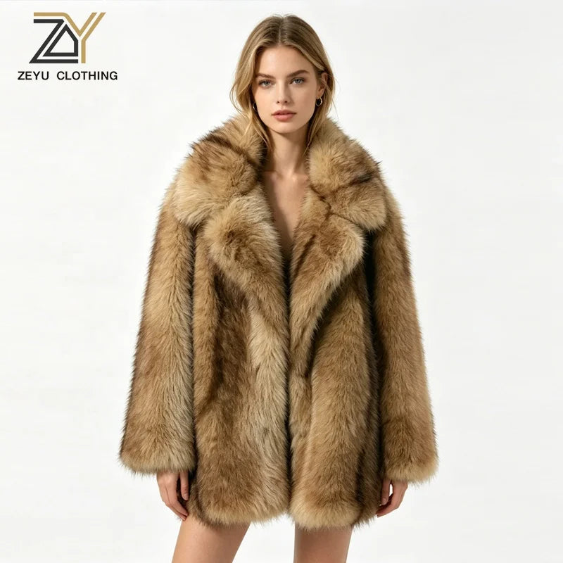 Coffee Brown/Khaki Color Luxury Gradient Brown Artificial Fox Fur Coat for Women Turn-Down Collar Regular Length Winter Warm Eco-Friendly Windproof Outerwear Mid Jackets Ladies Winter Clothing Supplies