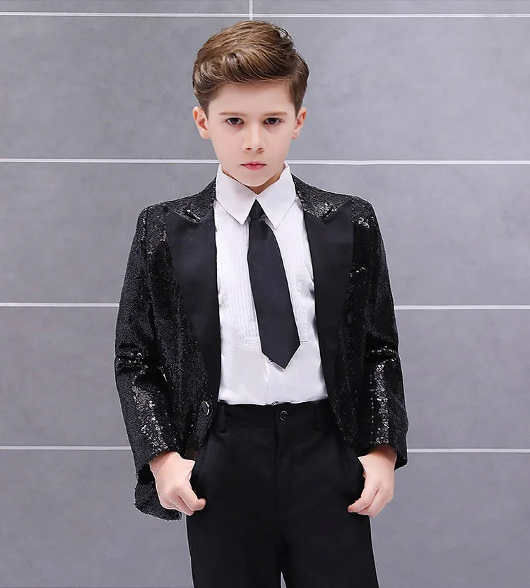 4 PCS Set 5 Colors Boys Formal Wedding Guest Suit Kids  Luxury Jacket Shirt Pants Tie Party Blazer Children Piano Performance Ceremony Costume Birthday Evening Party Children Luxury Apparel Supplies
