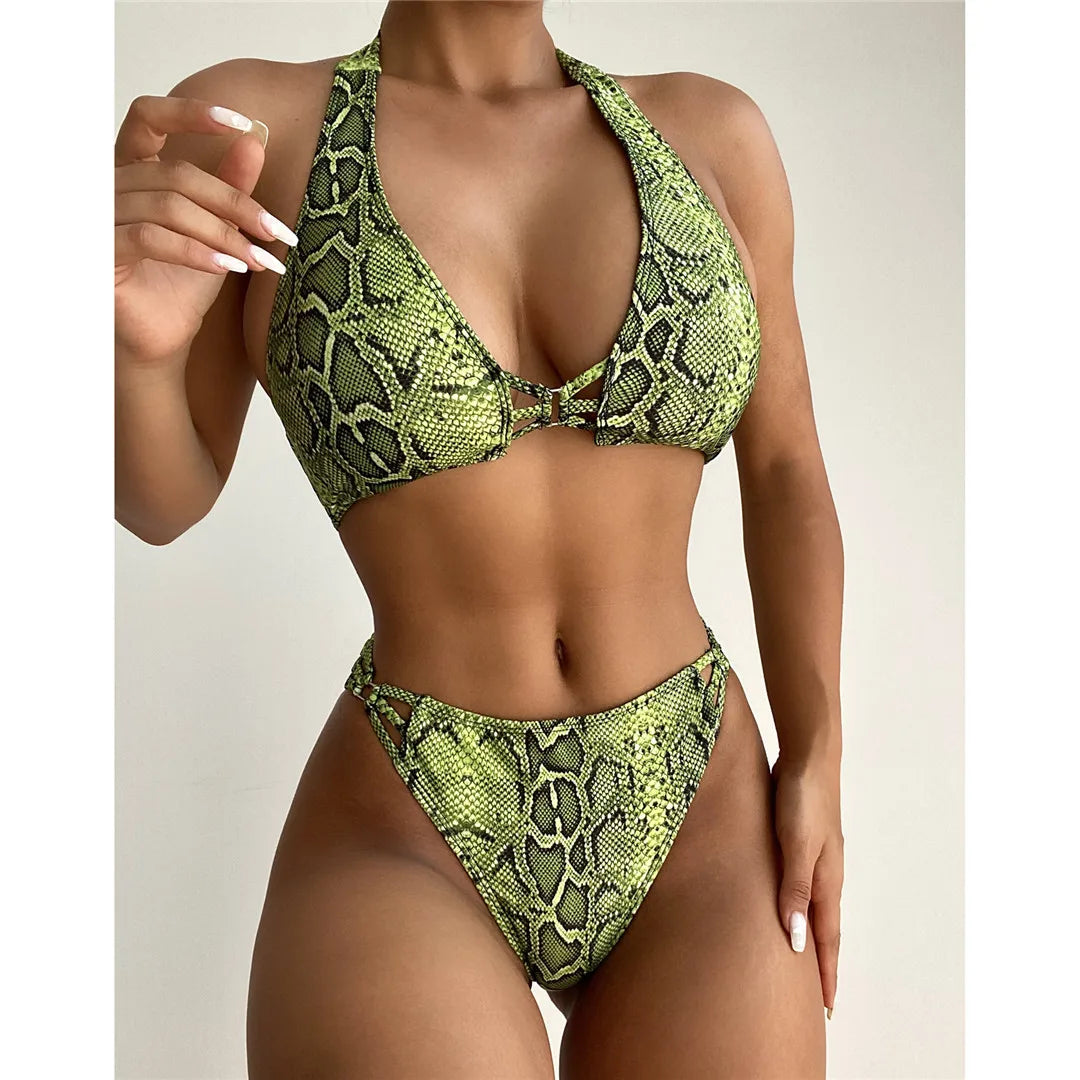 Sexy Snake Skin Halter High Leg Cut Bikini Female Swimsuit Women Swimwear Two-pieces Bikini set Bather Bathing Suit Swim K3144