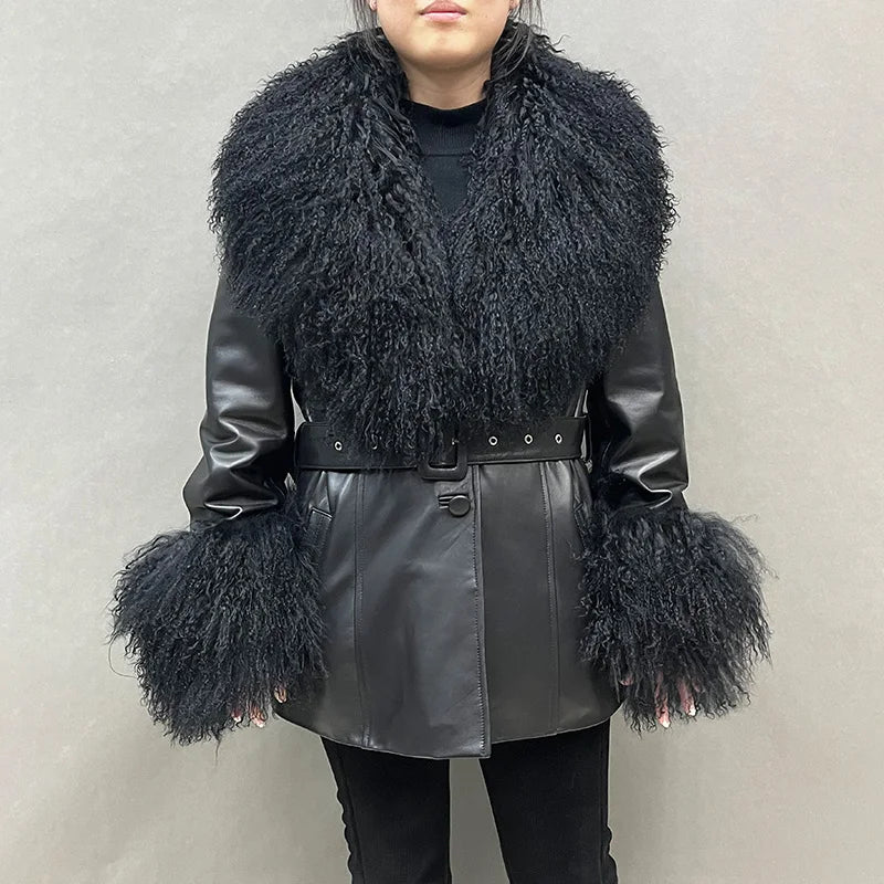 Boutique Gala HOT SALE S-2XL Women's  Real Mongolian Lamb Fur Collar and Cuff Genuine Sheep Leather Jacket Winter Autumn Warm Black Outerwear Coats Ladies Luxury Apparel Supplies.