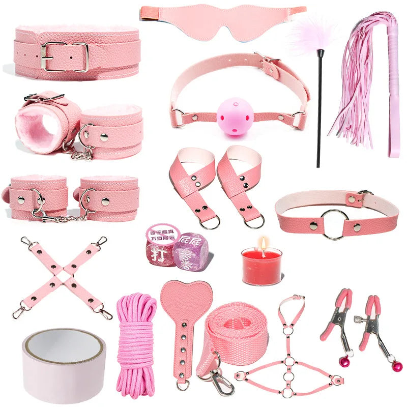 18 PCS Set 4 Colors BDSM  Fetish Sex Party Binding Handcuffs Leather Whip Anal Plug Adult Couples Intercourse Sex Toys Sex Play Tools Set
