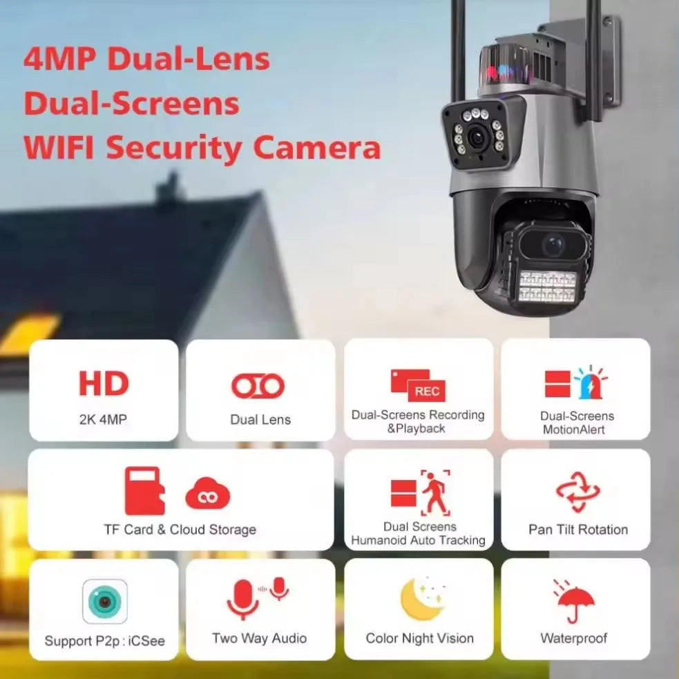 Fortify Your House Top Quality Home Outdoor ICSEE PTZ Motion Detector Camera 3MP  Security CCTV Wireless Dual Lens Wi-Fi Bullet PTZ Camera With 2 Lens Night Vision Recording Camera Home Office Business Security Supplies