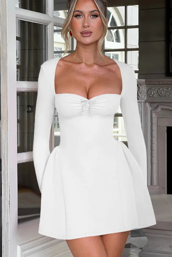 New Fashion 8 Colors Autumn Spring  Sexy Elegant Long Sleeves Evening Party Night Clubwear  Ruched Women Clothes Solid Mini Dresses