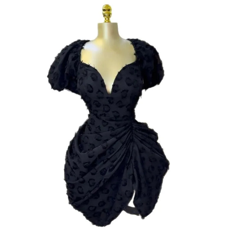 NEW Hot Selling White/Black Color S-2XL Autumn Spring Summer Boutique Gala New Collection Women's Sexy V-Neck High Waist Mini Dress Pleated Chiffon Evening Party Wedding Guest Clubwear Gown Ladies Luxury Clothing Supplies