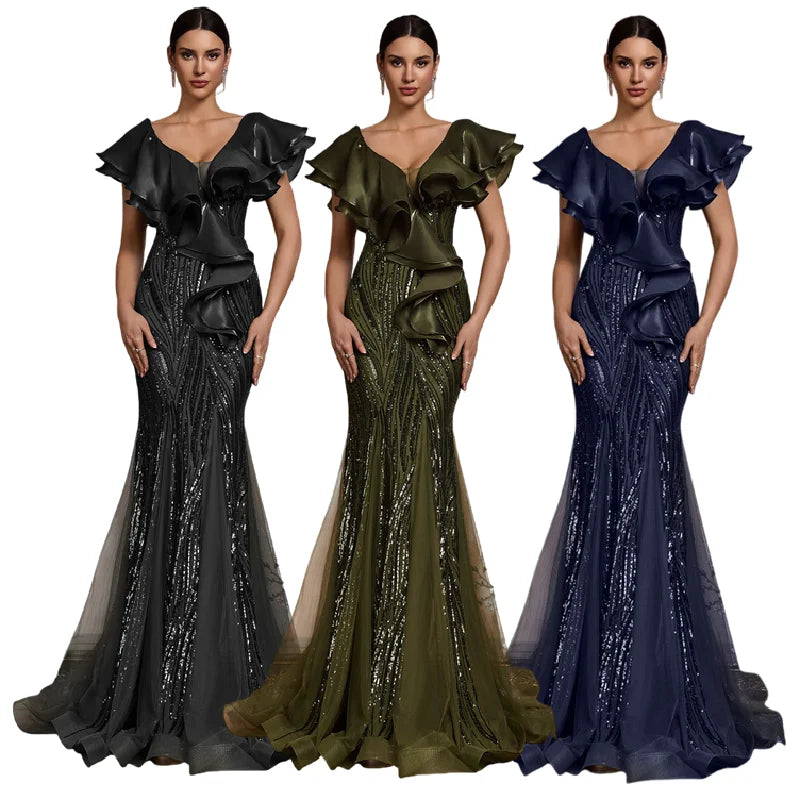 Mother of  Bride Luxury Gowns 3 Colors for Women Evening Wedding Guest Party Dresses Elegant Ruffle Sleeve Sequin Backless Formal Dress Mermaid Gowns Ladies Formal Apparel Supplies