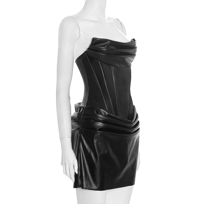 Black/Burgundy/Brown Color Autumn Spring  Sexy Ladies Street Wear Sleeveless Tube Pattern  Leather Mini Dress Slim Fit Sexy Nigh Club Pleated Dresses