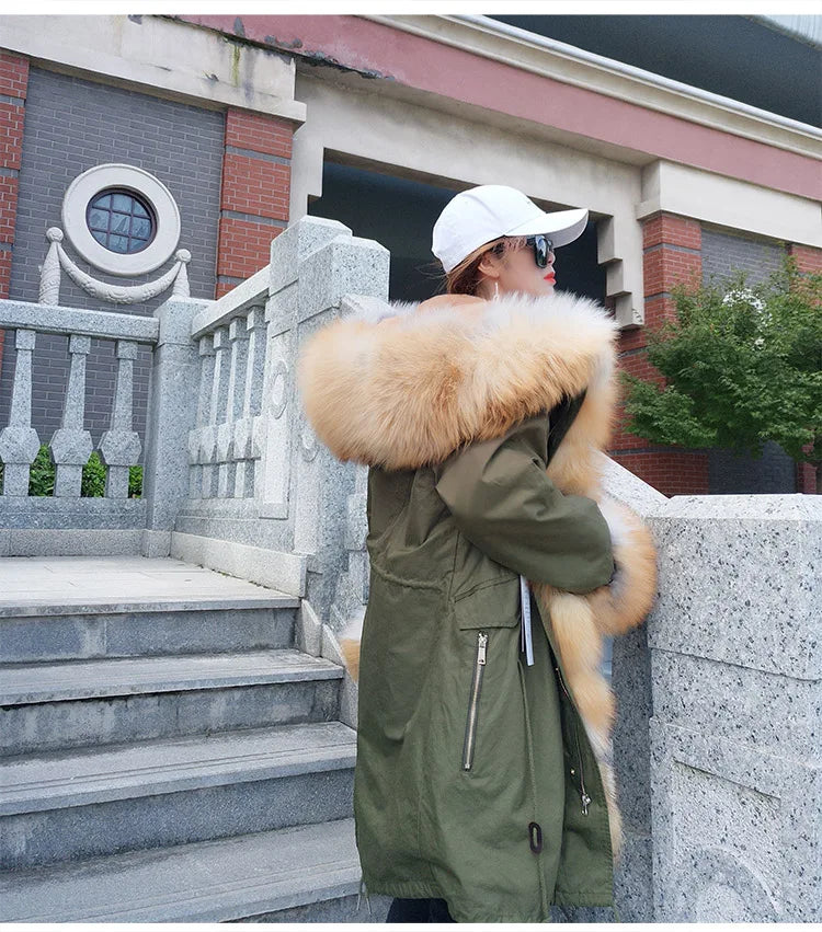 NEW Arrivals Winter Warm Snow Outerwear Women Female Natural Real Fox Fur Coats Real Fur Long Black Jacket  Cotton Thick Coat Girls Casual Winter Luxury Fashion Clothing Products