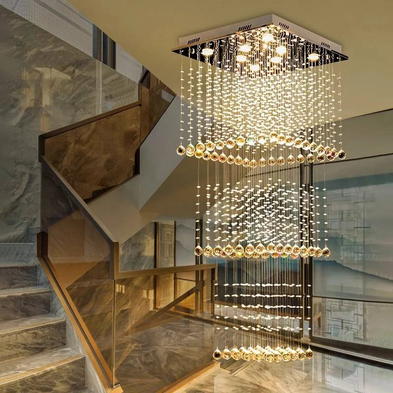 HOT SALE Villa Home Italian Design Art Decoration Modern K9 Crystal Pendant Lights with Tassel Square Ceiling Light Suitable for Customized Design of Villas Staircases Hotels Living Room Long Luxury Chandelier