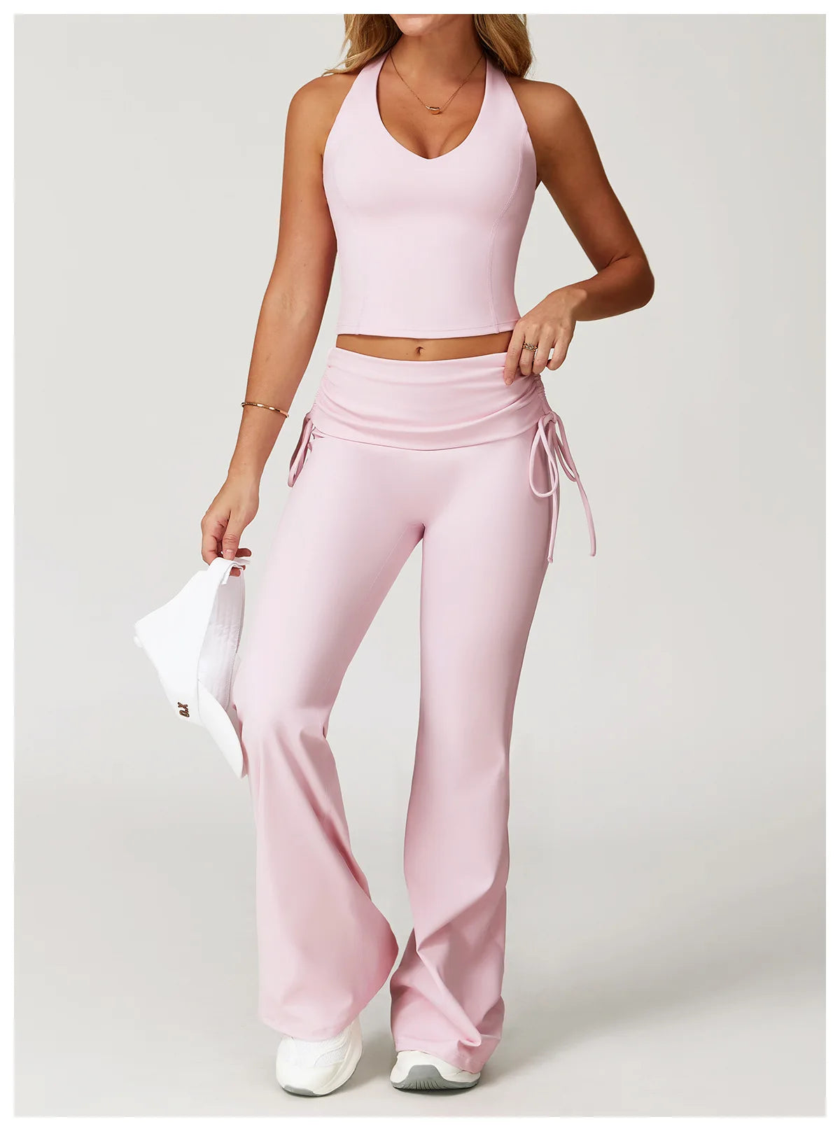 5 Colors S-XL Cross-Border Foldable High-Waisted Tummy Control Ruched Butt-Lifting Flared Pants Nude-Feel Wide-Leg Slimming Long Drawstring Outdoor Sport Activities Pants