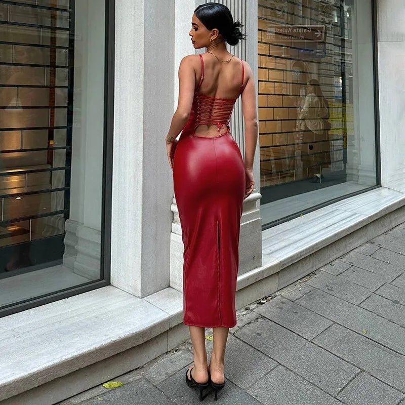 Black/Red Color S-XL Boutique Sale Women's Sexy Backless Night Clubwear Prom Evening Party  Popular PU Leather Sexy Fashion Backless Maxi Women's Dresses