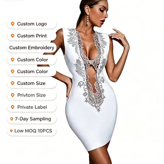 Boutique Gala HOT SALE Women's Luxury White Lace  Dress Front Cutout Sleeveless Night Out Dress Custom Tag Deep V Bodycon Night Club Business Dinner Prom Dress Formal Gown Ladies Luxury Clothing Supplies