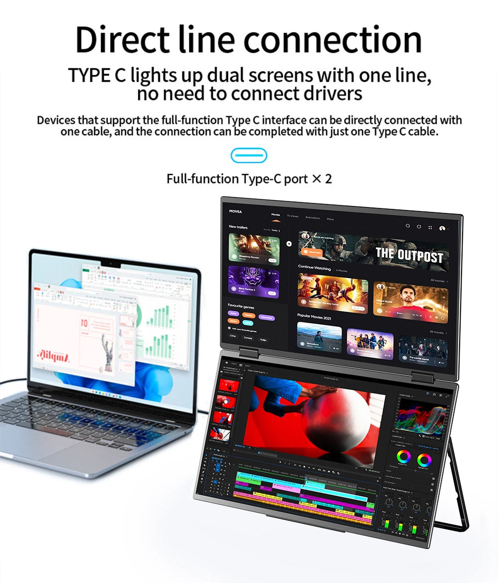 Double Screen 18.5" 100hz Portable Monitor 330' Rotary All Metal Housing External Screen Plug & Play for Windows Mac Laptop Mobile Switch Xbox for Office Business Home Electronic Supplies
