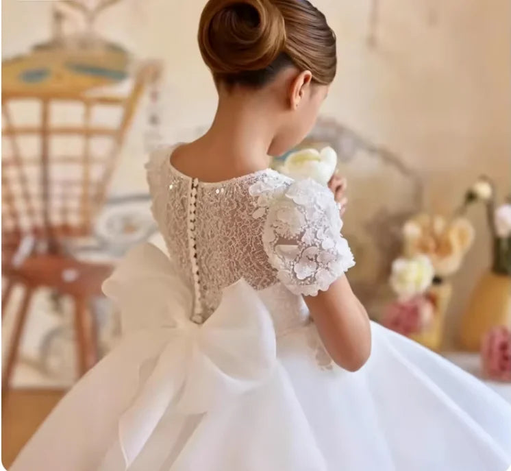 2/13 Years Old Girls Bridesmaid  Lace Flower Luxury Dress Long Train Tulle Princess Gown Evening Wedding Party Prom Birthday Ball Gown Pageant Short Sleeve Gown