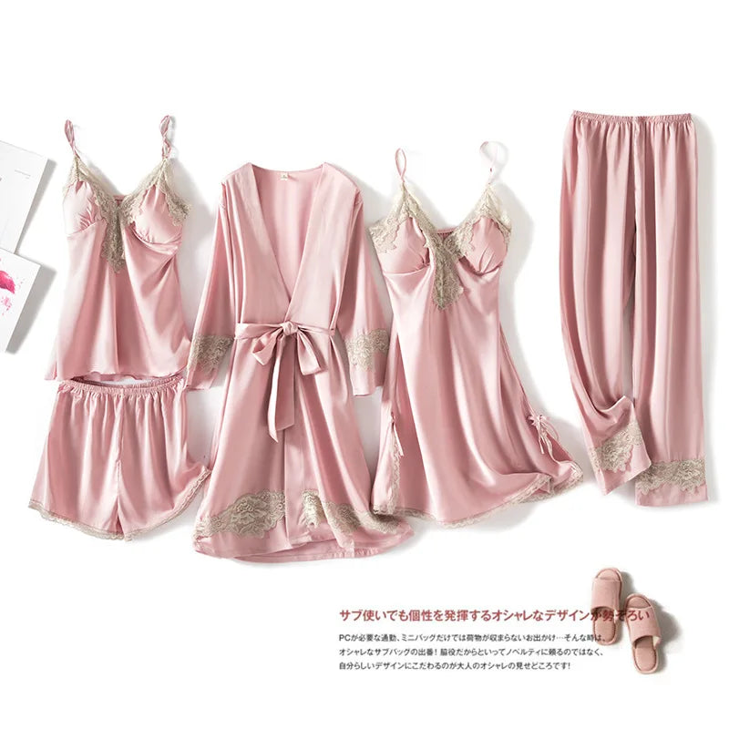 Low-Price Sales are Limited NEW Arrivals Summer 5 Pcs Set Women Pajamas Satin High Quality Sexy Leopard Sleepwear With Chest Pad Pajamas Suit Girls Ladies Luxury Fashion Lingerie Apparel Products