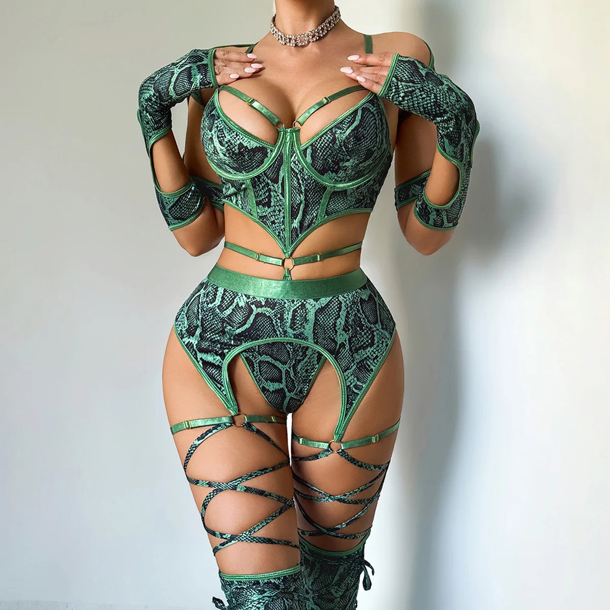 5 PCS Set Women's Sexy Hollow Out Snakeskin  Print Strappy Lingerie Cosplay  Costume  Underwire Bodysuit with Garters Shrug Stockings Sexy Lingerie Suit
