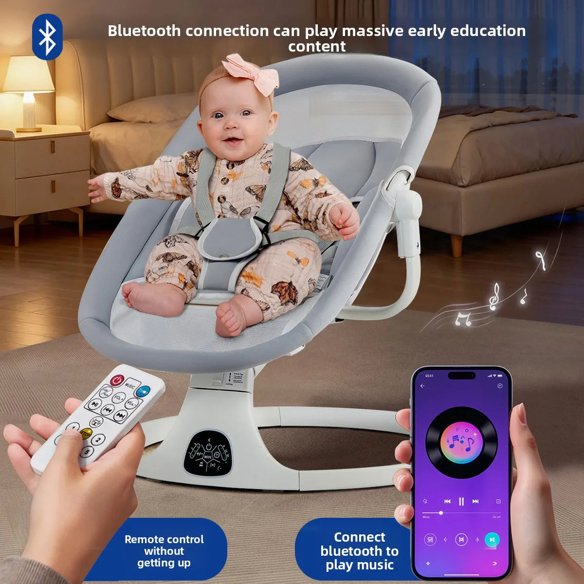 Electric Baby Rocking Chair with Canopy + Mosquito Net + Doll, USB Remote  Cross-border New-tyle Electric Baby Rocker Foldable Infant Swing Chair Smart Sleep-Inducing Crib Automatic Lullaby Device