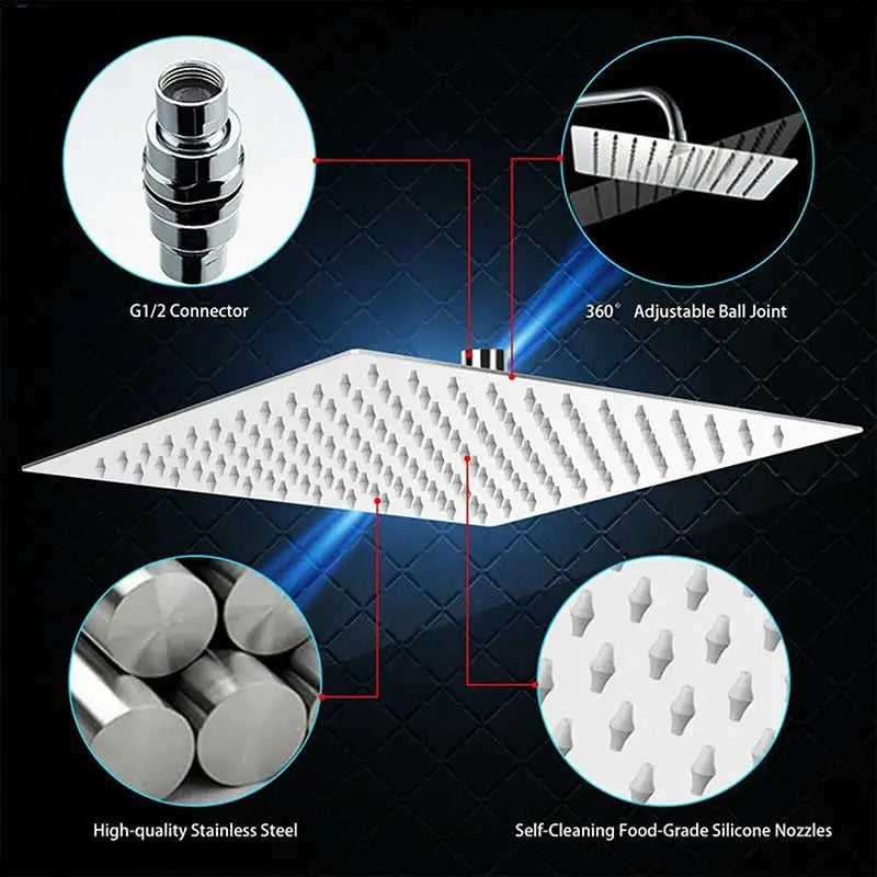 Bright Chrome 8" Ultrathin Shower Head Brass 15" Shower Arm 59" Stainless Steel Hose Wall Mounted Rainfall Square Shower head