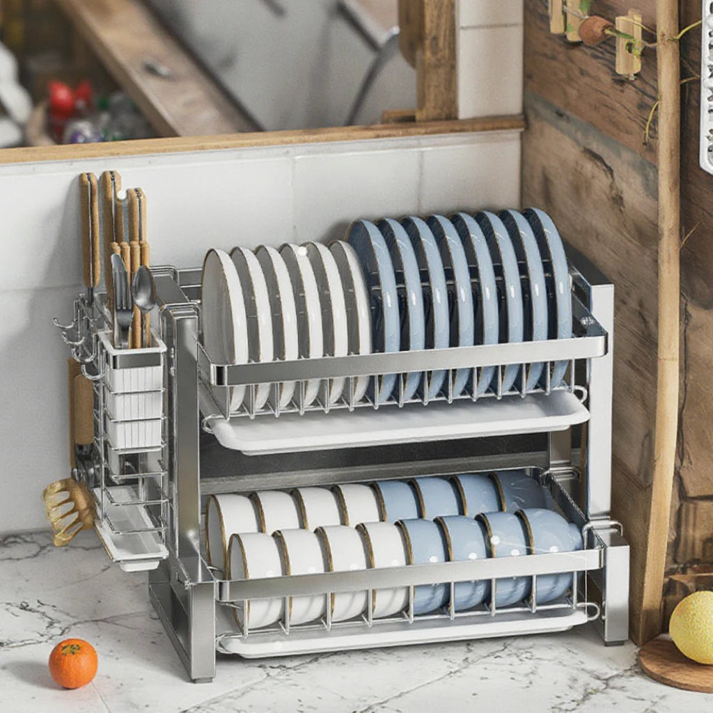 Double-Layer Stainless Steel Dishes Plates Storage Rack Kitchen Countertop Rustproof Folding Drain Rack Countertop Dryer Dish Organizer Kitchenware Supplies