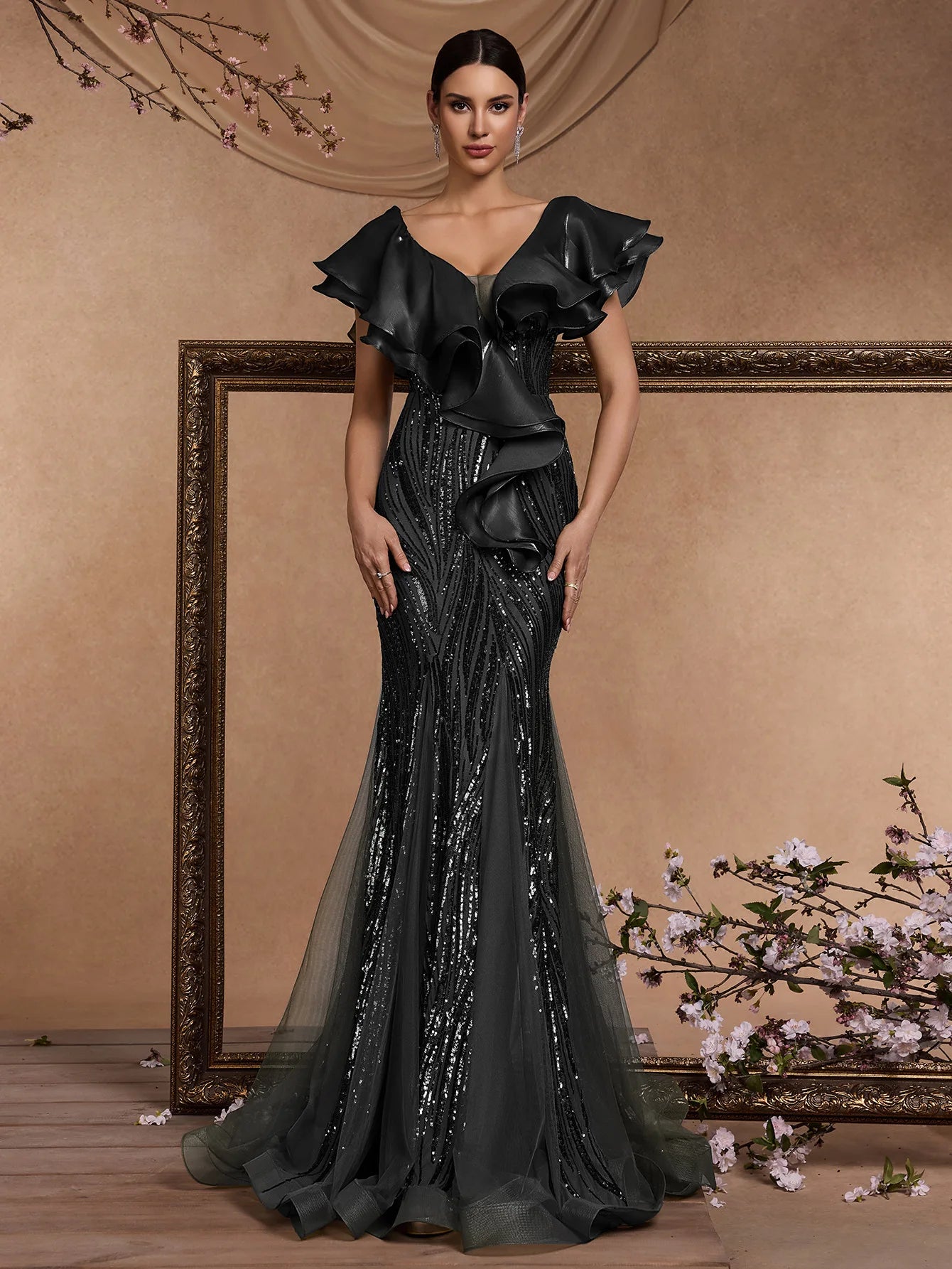 Mother of  Bride Luxury Gowns 3 Colors for Women Evening Wedding Guest Party Dresses Elegant Ruffle Sleeve Sequin Backless Formal Dress Mermaid Gowns Ladies Formal Apparel Supplies