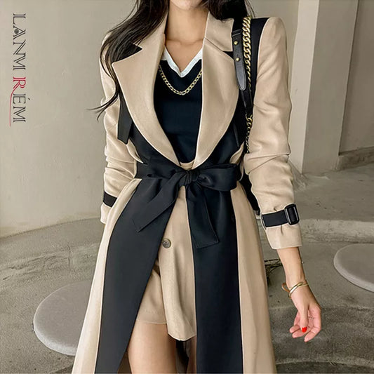 Elegant Notched Collar Lady Patchwork Windbreaker Full Sleeve Buttons Belted Women Long Trench Coats Winter 2W1922