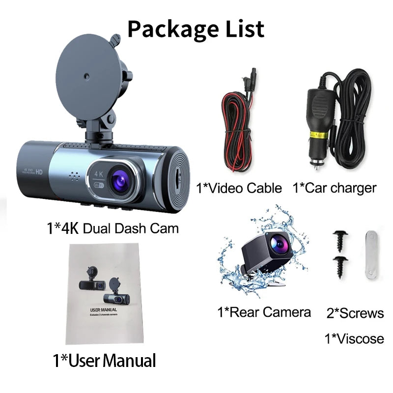 360* Degree 4K Driving Recorder 3.16 Inches IPS Screen Night Vision Three-Way Recording Wi-Fi App Connection Car Wireless Dashcam Camera Loop Recording Vehicle Safety Driving Products