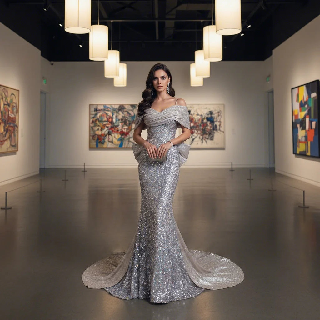 Just Arrived Top Luxury Women High-End Diamonds Rhinestones Crystal Beading Silver Maxi Dress Celebrities Red Carpet Business Dinner  Summer Evening Prom Party Dress Off Shoulder Lightweight Mermaid Gown Formal Apparel Suppli