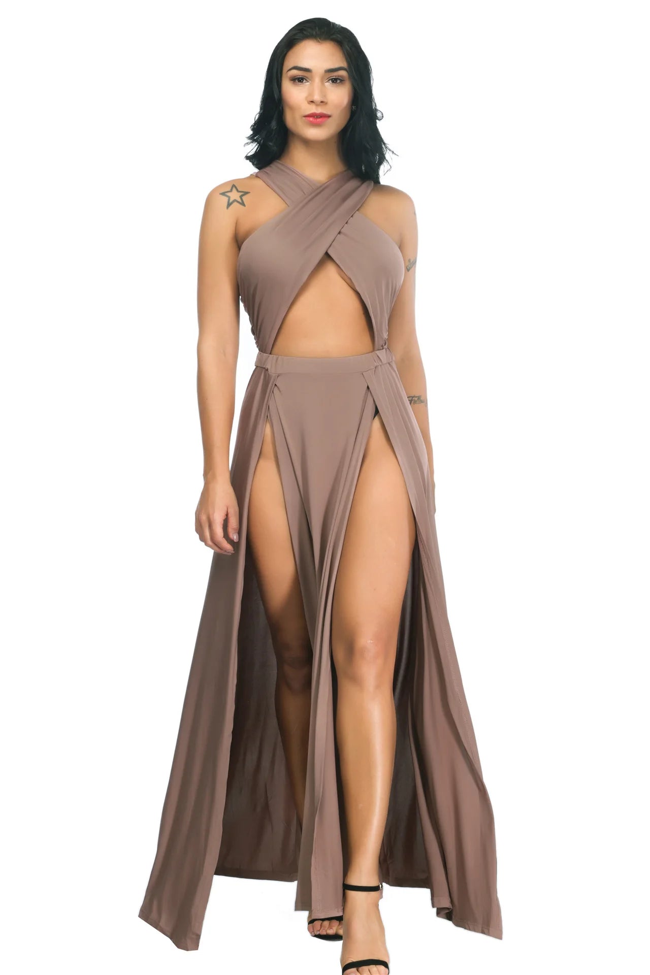 NEW Arrivals M-3XL Plus Size Sexy Cross Strap Off Shoulder Solid Color Split Black Long Dress Summer Women Asymmetrical Evening Beach 
 Party Night Club Dress