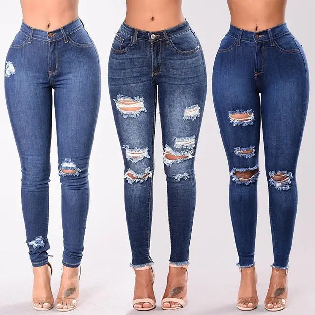 S-3XL Plus Size 3 Colors New Women Autumn Spring Summer New Streetwear Fashion Explosive European and American Elastic Hole Slim Leggings Women's Jeans Denim Ripped Pants Casual Clothing Supplies