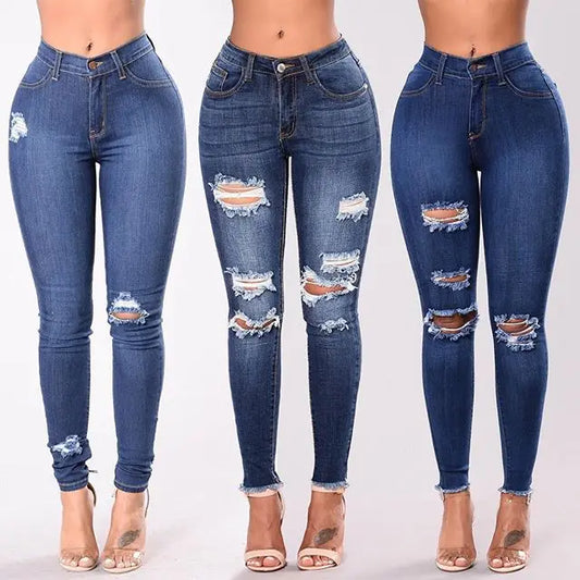 S-3XL Plus Size 3 Colors New Women Autumn Spring Summer New Streetwear Fashion Explosive European and American Elastic Hole Slim Leggings Women's Jeans Denim Ripped Pants Casual Clothing Supplies
