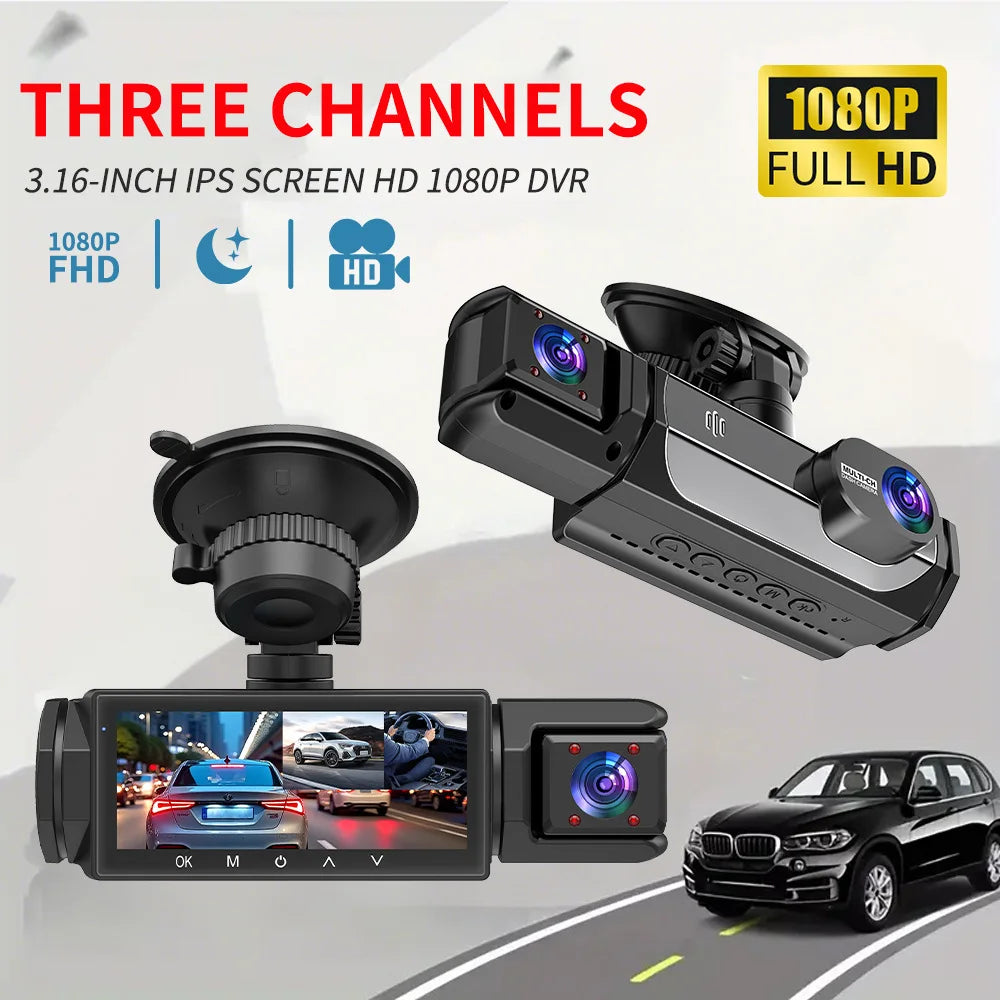 New 3 Lens Car Recording 1080P 150* Angle Driving Recorder Human Motion Sensor Detection Collision Induction Infrared Night Vision Loop Recording Vehicle Safety Devices Security Supplies