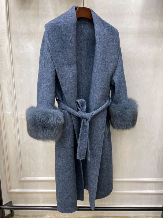 Boutique Gala HOT SALE 4 Colors New Style Real Natural Fox Fur Collar & Cuffs Cashmere Luxury Coat Winter Warm Long Women Wool Coat Wedding Guest Evening Party Prom Custom Size & Color Ladies Luxury Apparel Supplies