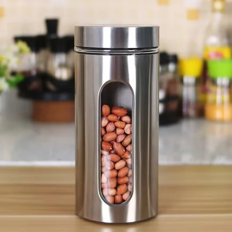 NEW 600/950/1300/1800ml Food Storage Bottles Stainless Steel Clear Dry Food Container with Lids Kitchen Durable Cereal Dispenser Rice Beans Spice Storage Jars Kitchenware Accessories Cooking Tools