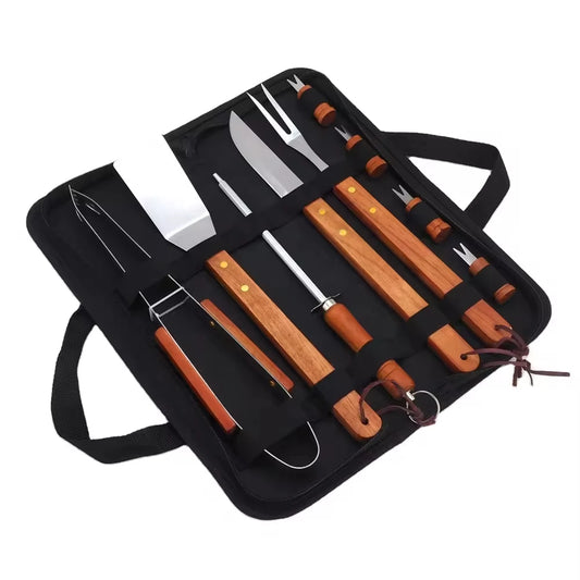 10 PCS Set Rotisserie Outdoor Picnic Courtyard BBQ Camping Grills Accessory Tool Kit Oxford Fabric Case Includes Metal Wooden Handle Barbecue Cooking Accessories