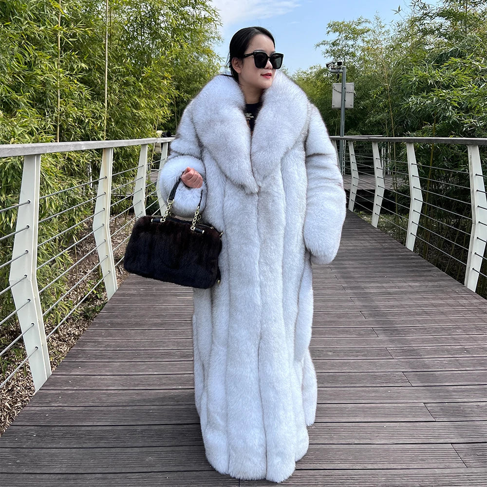 Boutique Gala HOT SALE (Few Units Left)  NEW  Women Winter Luxury Authentic Thick 100% BLUE Fox Fur Long Mink Coat Real Natural Blue Fox Fur Trench Longer Coats Authentic Fox Fur Jacket Best Quality Ladies Luxury Apparel Supp