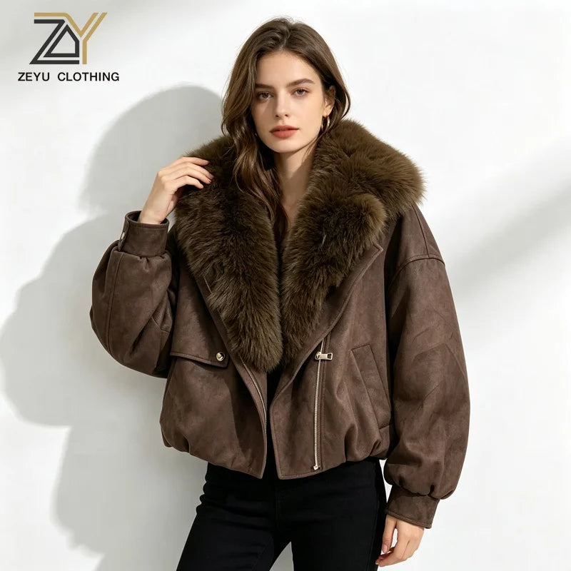NEW Arrivals 4 Colors S-2XL Women's Autumn Winter Warm Brown Artificial Suede Biker Jacket Oversized Faux Fur Collar Asymmetric Zip Cropped Coat Women's Faux Fur Coats Winter Outerwear Coats