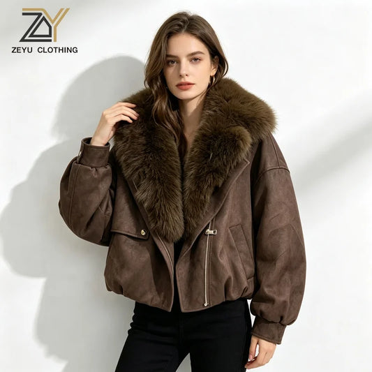 NEW Arrivals 4 Colors S-2XL Women's Autumn Winter Warm Brown Artificial Suede Biker Jacket Oversized Faux Fur Collar Asymmetric Zip Cropped Coat Women's Faux Fur Coats Winter Outerwear Coats