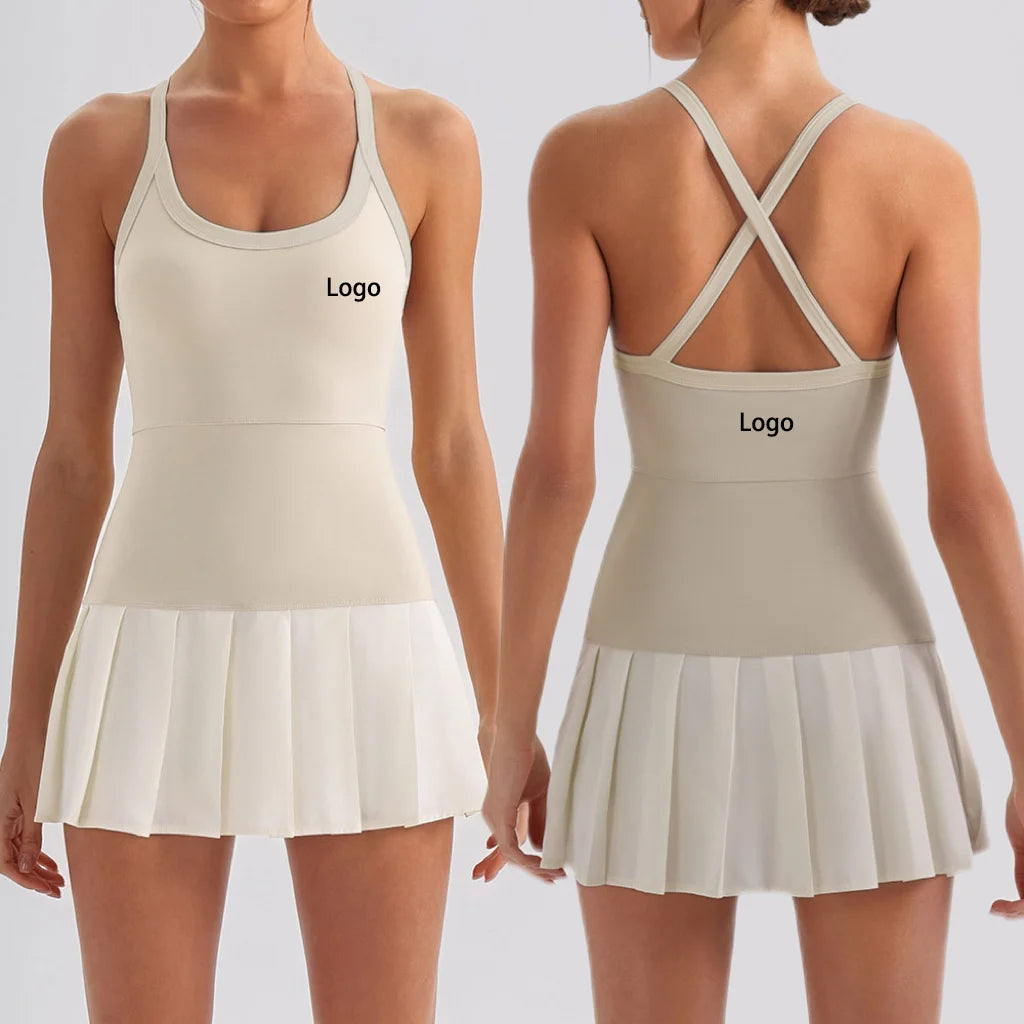 NEW Arrivals Women Luxury One Piece Sexy Cross Back Tennis Dress Built-In Shorts with Pockets Chest Pad High Stretch Breathable Dress for Pickleball Activewear Workout Mini Dress Women Sports Clothing Supplies