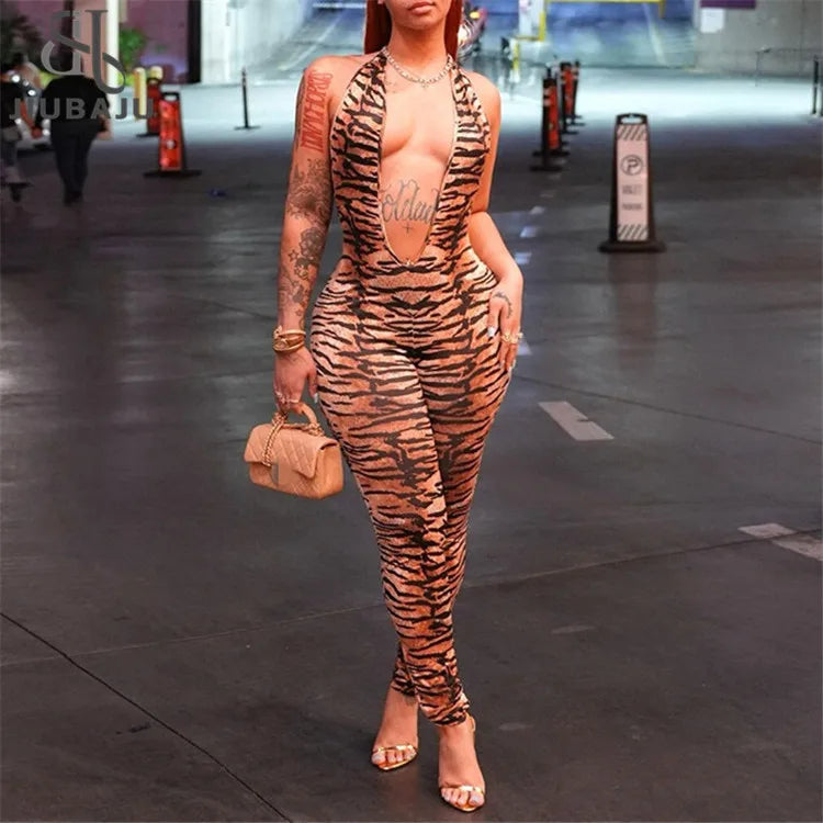 NEW Arrivals Women Halter Deep V-Neck Sleeveless Sexy Trend Tiger Print Skinny Backless Jumpsuit Evening Beach Party Night Clubwear Bodysuit Playsuit Women Sexy Apparel Accessories