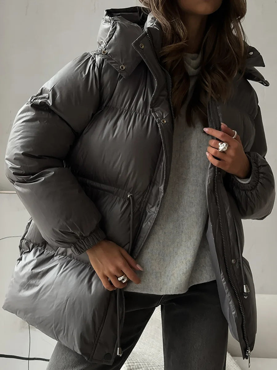 NEW Arrivals 4 Colors Women's Winter Waterproof Parka Mid-Length Soft Drawstring Waist Hooded Puffer Jacket  White Loose Warm Coat Snow Outerwear Jackets Women Winter Apparel Supplies.