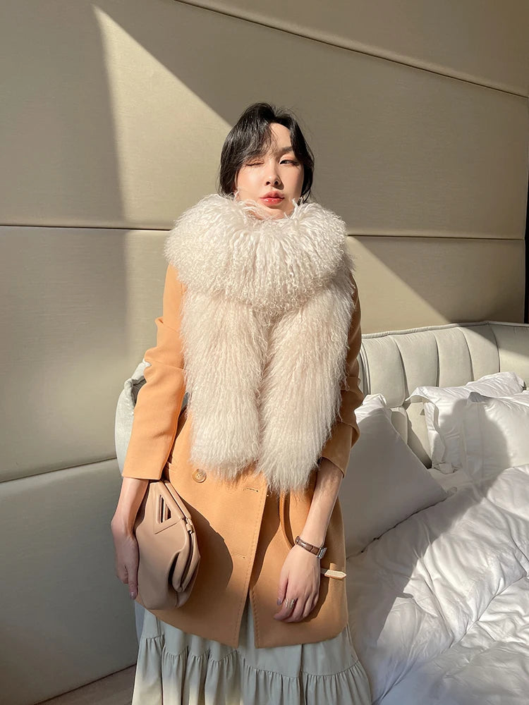 175cm Long 4 Colors Top Quality Mongolian and Tibet 100% Natural Sheep Fur 175cm Big Shaggy Scarf Double-Sided Long Thickened Winter Whole Skin Real  Fur Collar Evening Business Party Prom Ladies Luxury Apparel Accessories.