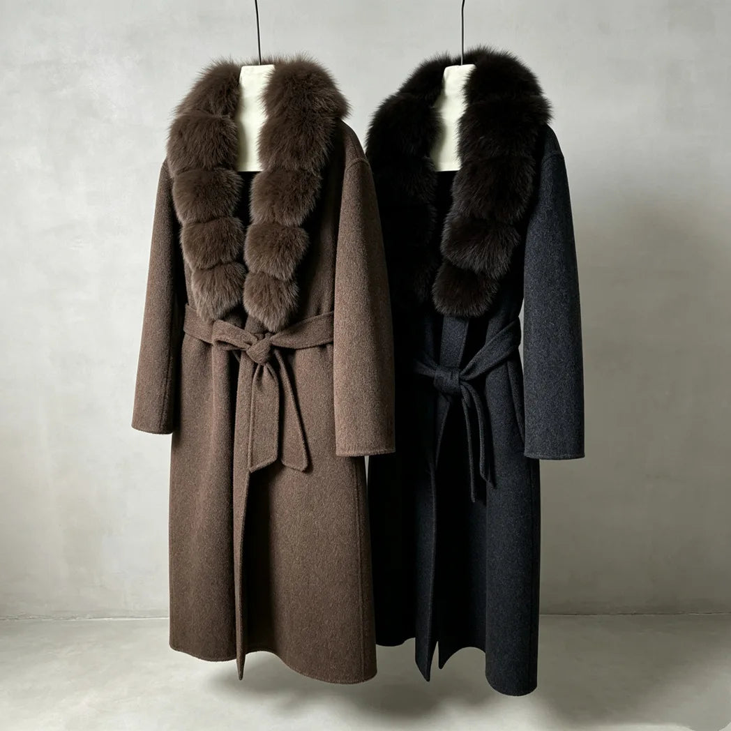 NEW  Autumn/Winter High-End Women's Luxury Thick Cashmere & Wool Material Long Coat Genuine Natural Fox-Fur Collar Extended Length Belt Lacing Slimming Effect Ladies Winter Apparel Clothing Supplies
