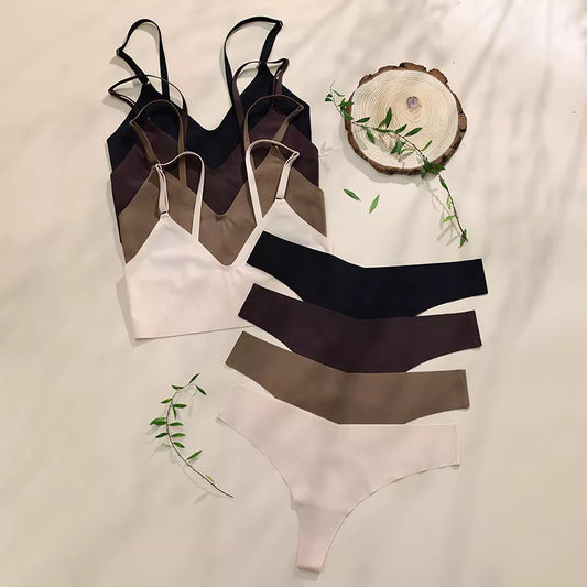 Hot Sale Seamless Bra&Briefs Set Bustier Crop Tops Breathable Sexy Ice Silk Seamless Bra And Thong Set For Young Girls