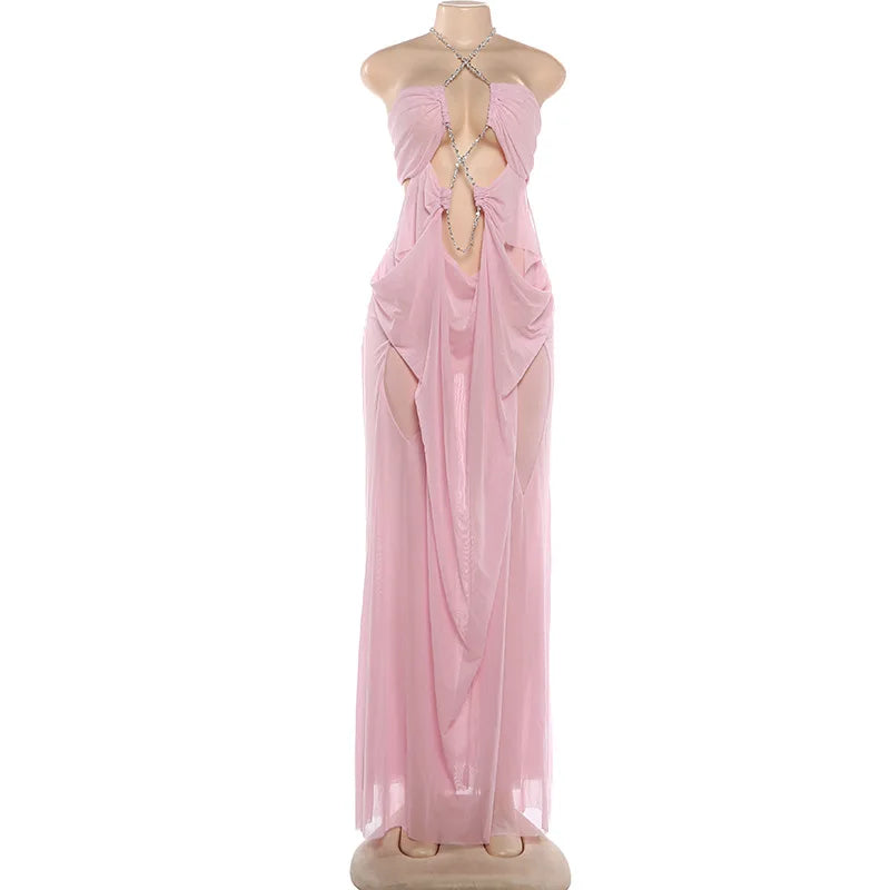 4 Colors New Fashion Summer Women Sexy See Through Clothing Vendor Sleeveless Halter Backless Sexy Maxi Dress Evening Beach Party Mesh See Night Clubwear Prom Maxi Gowns