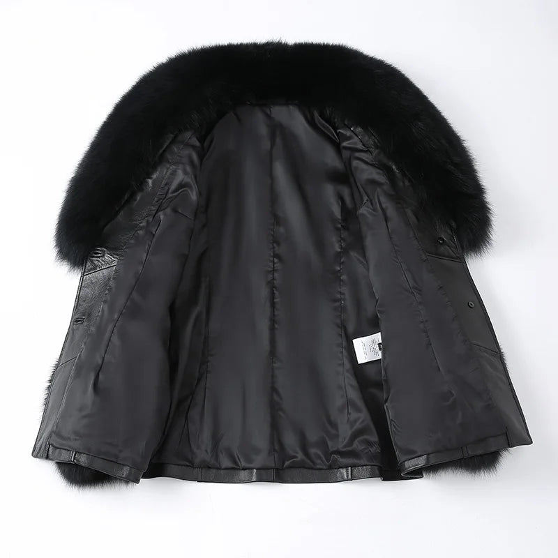 Boutique Gala HOT SALE ( Few Units Left) 8 Colors S-2XL Women's Top Quality Belted Black Real Sheepskin Leather Fur Coat Women Leather Jacket With Genuine Natural Fox Fur Collar Cuffs Ladies Winter Warm Outerwear Luxury Appar