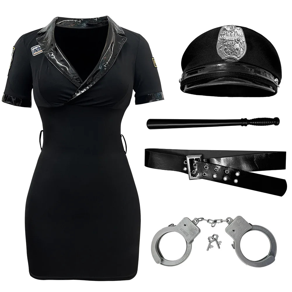 5 PCS Set Black Dress/Hat/Baton/Belt/Handcuffs Adults Women Sexy Cop Officer Sex Party Roleplay Costumes  Short Sleeve Dress Outfit for Cosplay Party